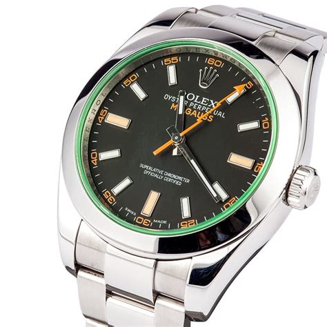 preowned rolex milgauss 116400v green crystal|rolex milgauss price chart.